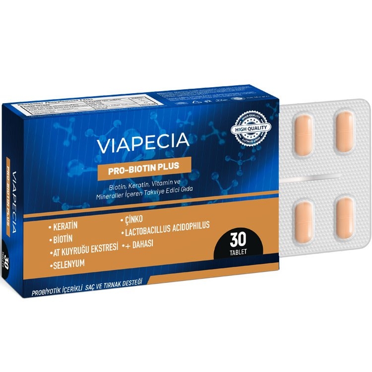 Viapecia Pro-Biotin Plus Biotin Keratin Vitamin ve Mineraller İçeren Takviye Edici Gıda 30 Tablet - 1